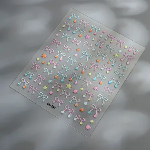 5D macaron bow nail stickers, sweet jelly nail art decals with stars and dots for manicure.