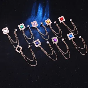 Britisches Herren Strass Quadratische Brosche mit Quasten Kette fuer Anzug Mode
