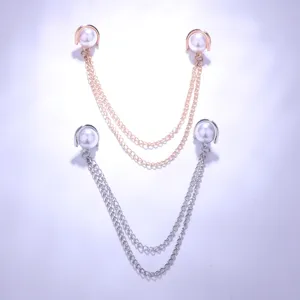 Pearl tassel collar pin set, double chain brooch for shirts and suits, elegant metallic details.