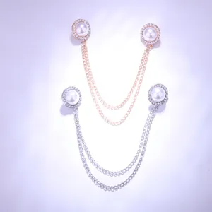 Pearl rhinestone chain collar pin detail shot, elegant shirt accessory with sparkling stones.