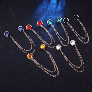 Multi-color gem collar chain shirt brooch double layer metal tassel collar pin accessory