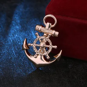 Nautical wheel and anchor brooch pin, retro rose gold metal badge for men fashion style.