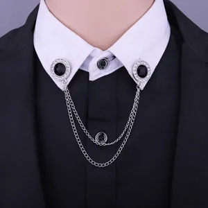 Silver collar chain brooch with black rhinestones, exquisite shirt collar pin jewelry accessory detail.