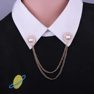 British Style Fashion Double Chain Collar Pin For Women Rhinestone Artificial Pearl Brooch Pin Shirt Accessory Elegant Jewelry Gift