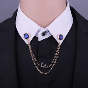 Collar pin double chain blue gemstone shirt collar accessories detail view fashion jewelry.