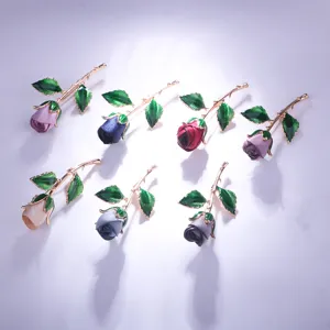 Fabric rose brooch with gold stem green leaves, elegant multi-color floral corsage pin.