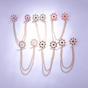 Nautical ship wheel collar pin chain brooch set, stylish retro shirt collar accessories.