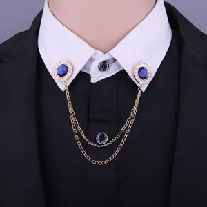 European American retro alloy rhinestone double chain shirt collar pin brooch decorative jewelry