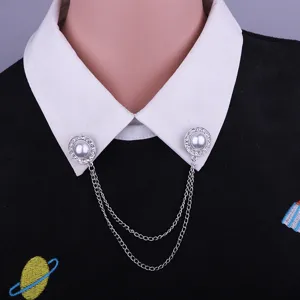 British style double chain collar pin elegant rhinestone faux pearl shirt brooch accessory