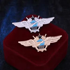 Detailed shot of metallic flying wings military brooches with star and good luck text for men.