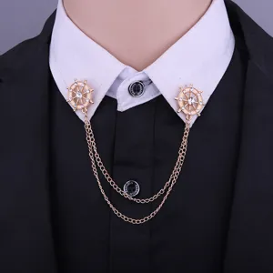 Vintage nautical steering wheel collar pin with double chain rhinestones brooch for shirts.