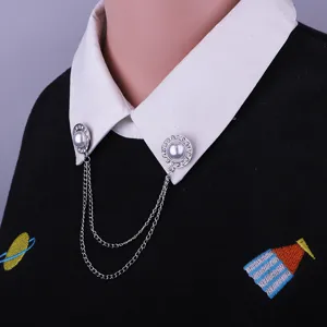 Elegant rhinestone pearl double chain collar pin shirt accessory fashion British style shirt brooch
