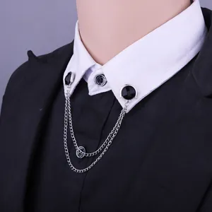 Stylish double chain shirt collar pin with black crystal for men and women fashion apparel.
