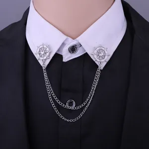 Exquisite ship wheel collar pins with double layer chain, stylish silver brooch for shirts.