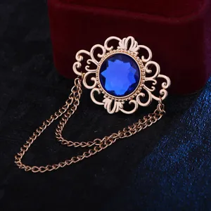 Vintage Hofstil blaue Edelstein Brosche mit doppelter Kette Quaste für Herren Anzug Accessoire.
