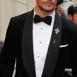 Close-up detail shot of a sparkling crystal fleur-de-lis brooch pinned on a black velvet lapel.