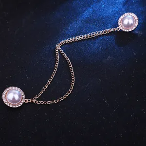 Exquisite pearl and rhinestone collar chain detail, elegant shirt pin accessory for daily wear.