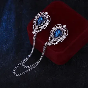 Vintage blauer Tropfen Strass Kragennadel mit Doppelkette für Herren Hemd Dekoration.