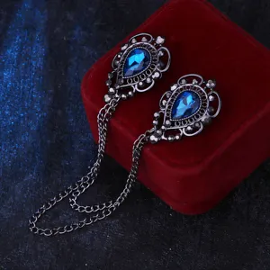 Vintage Doppel Kragen Nadel Kette Brosche mit blauen Tropfen Kristallen für Herren.