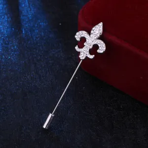 Silver rhinestone fleur-de-lis lapel pin men suit brooch accessory coat decoration classy jewelry