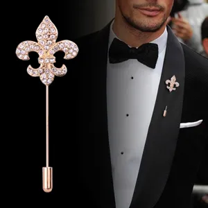 Hip Hop Zinc Alloy Rhinestone Fleur-de-lis Lapel Pin Long Stick Brooch Gold Silver Electroplated Badge For Men Women Suit Jacket Accessories Jewelry