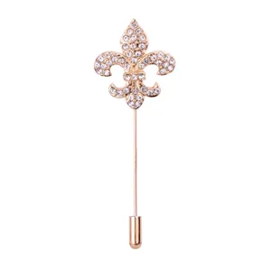 Gold rhinestones fleur-de-lis stick pin lapel brooch for men suit suit decor accessory