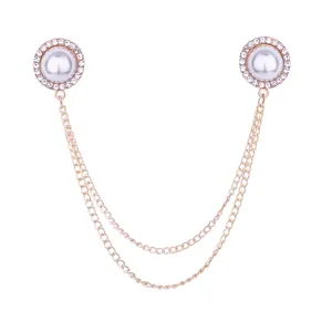 Pearl rhinestone double chain collar pin shirt brooch accessory elegant fashion jewelry item