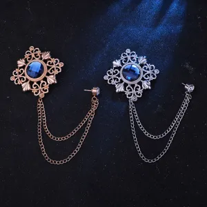 Vintage Retro Brosche ausgehöhlt Metall mit blauem Stein Doppelkette für Damen Herren