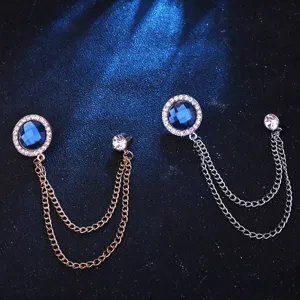 Herren Mode Strass blaue Kristall runde Anzug Kragen Kette Brosche Anstecknadel Set