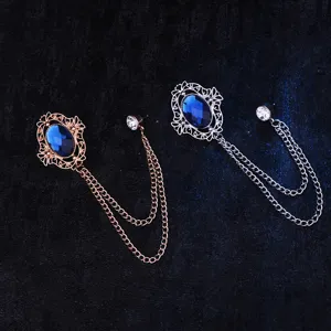 Vintage retro court style hollow blue gemstone brooch and suit collar chain for men detail