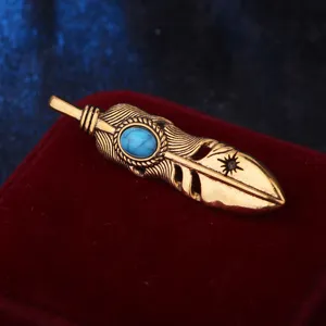 Vintage turquoise feather brooch for men, retro gold metal suit lapel pin jewelry accessory.