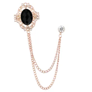 Vintage court style hollow gemstone lapel pin brooch with double chain tassel for men's suit