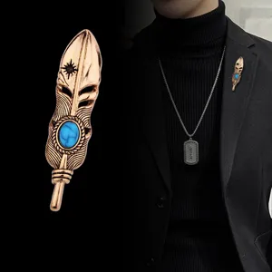 Vintage Feather Brooch For Men Turquoise Hollow Suit Lapel Pin Antique Gold Silver Jewelry Accessory Pin