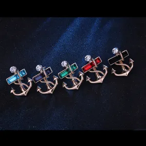Vintage Nautical Navy Style Anchor Brooch Alloy Inlaid Rhinestone Crystal Pin Badge For Men Suit Overcoat Jacket Accessory