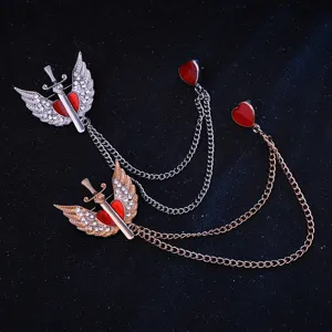 Pareja alas de angel espada corazon broche moda metal cristal borla joyeria regalo