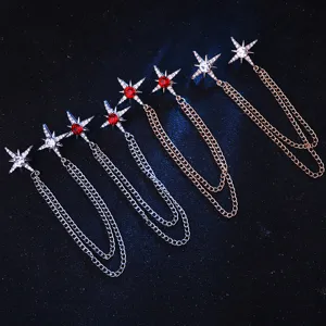 Detailed view of fashion star rhinestone tassel collar pin set, elegant shirt brooch for men and women.