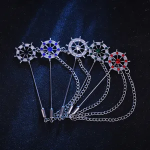 Men ship wheel lapel pin brooch, fashion navy style long metal pin with chain crystal.