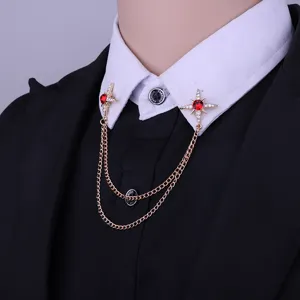 Mens fashion metal collar pin shirt chain rhinestone star brooch double tassel chain jewelry