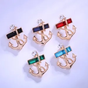 Classic navy style anchor brooch, elegant crystal metal coat pin detail accessory
