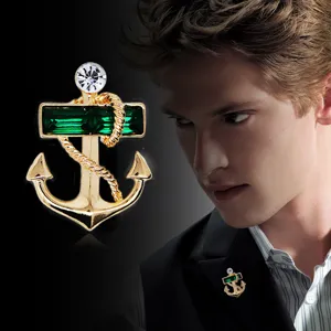 Vintage marine anchor brooch for men coat suit pin green crystal rhinestone lapel badge jewelry