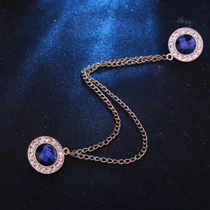 Exquisite double collar pin with blue crystal and rhinestone chain for elegant shirts.