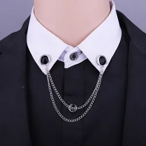 Stylish double chain shirt collar pin with black gemstone, vintage lapel brooch accessory.