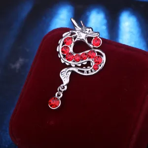 Vintage Chinese style dragon brooch with red rhinestones, exquisite men's suit jacket lapel pin.