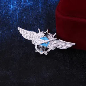 Metal flying wings brooch badge with shield and Good Luck text for men coat jacket pin.