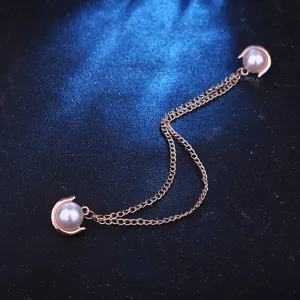 Elegant double pearl tassel chain collar pin brooch for men and women suit shirt decor.