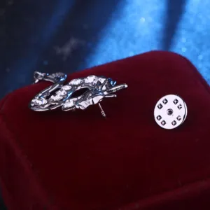 Close-up detail of silver rhinestone dragon brooch and pin back clasp on red velvet box.