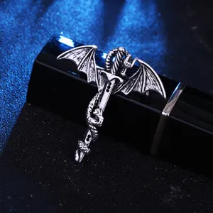 Gothic vintage sword dragon brooch detail, detailed alloy wing pin, medieval magical accessory