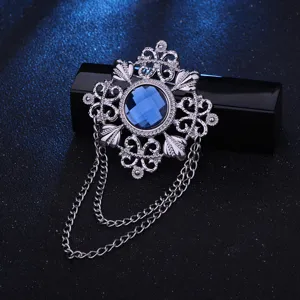 Vintage zilverkleurige blauwe strass broche speld met kwastkettingen voor herenpak