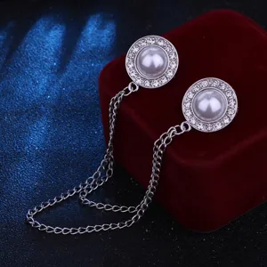 Elegant pearl rhinestone collar pin with chain, fashion metal shirt brooch accessory.