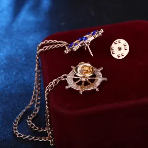 Nautical ship wheel brooch pin with tassel chain stylish vintage collar accessories for men women